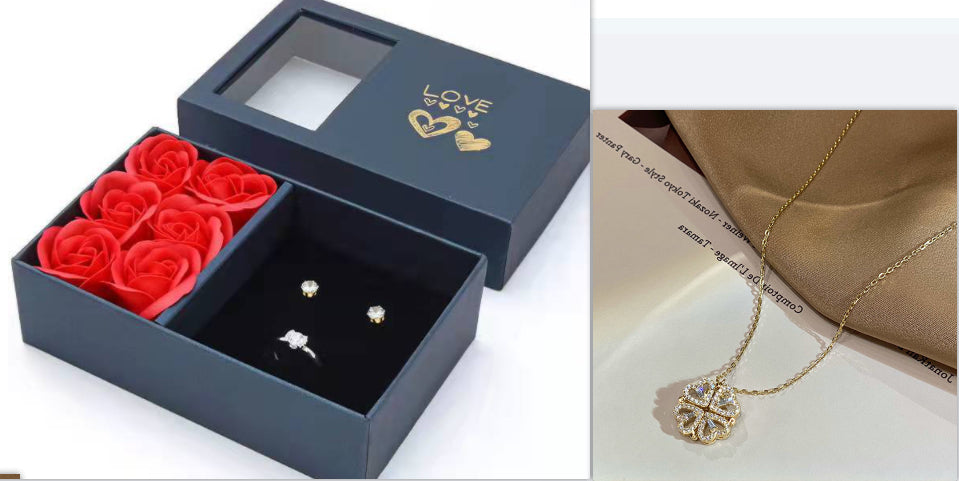 Magnetic Folding Heart Shaped Four Leaf Clover Necklace