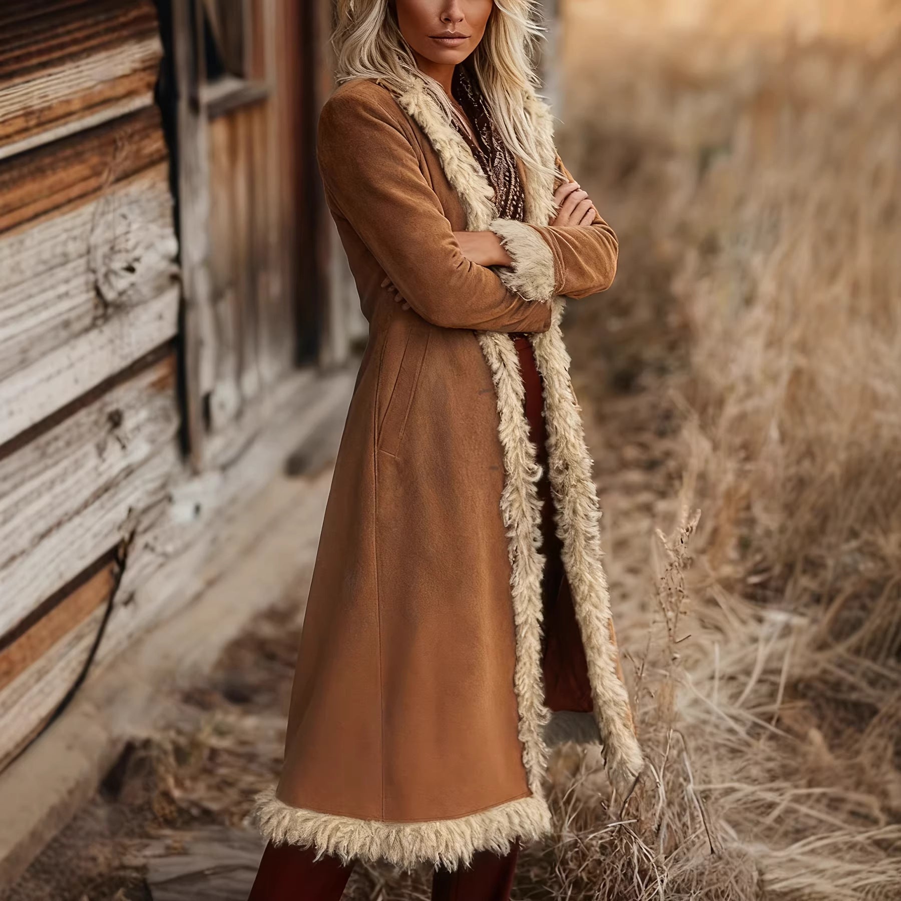 Suede Edge Solid Color Long Wind Jacket
