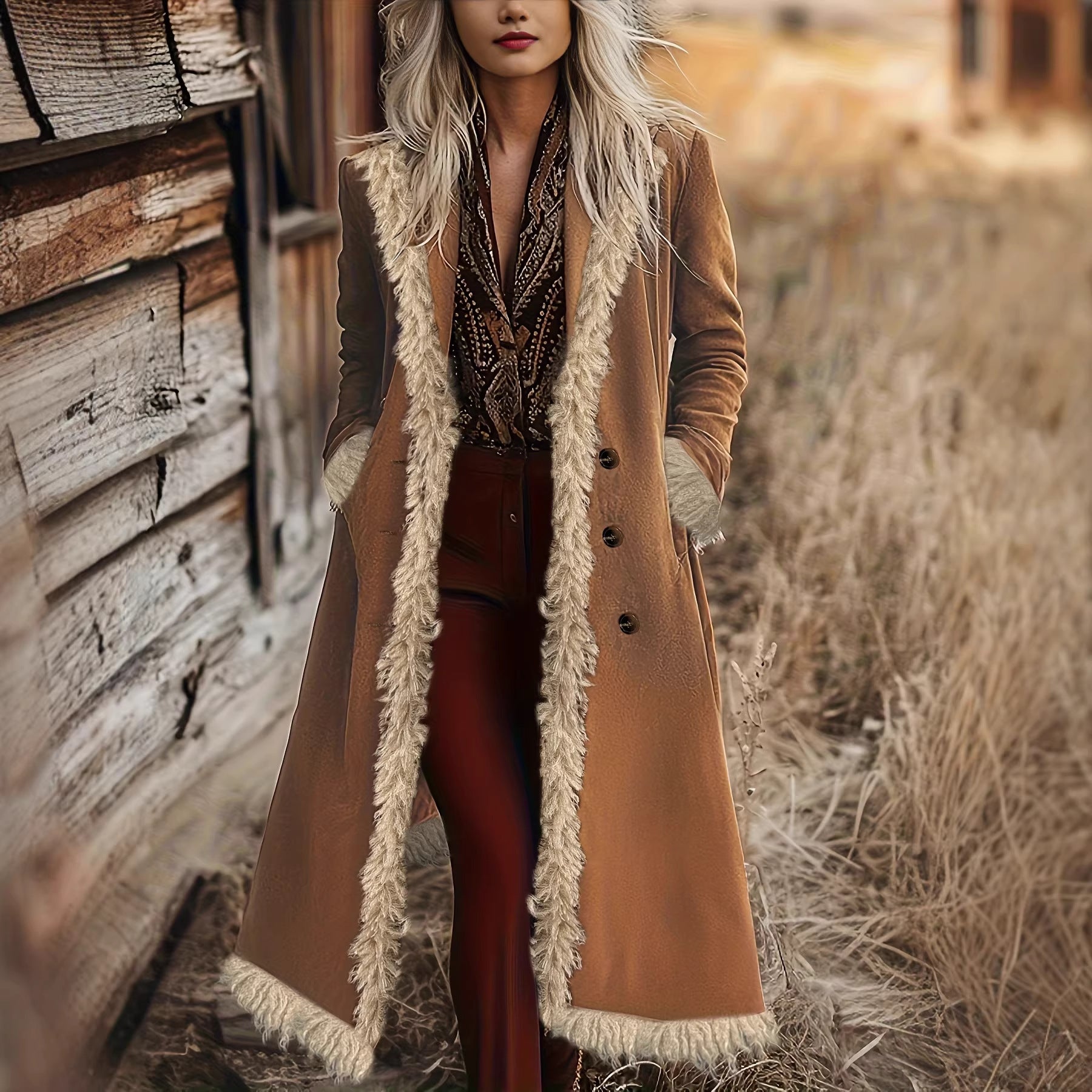 Suede Edge Solid Color Long Wind Jacket