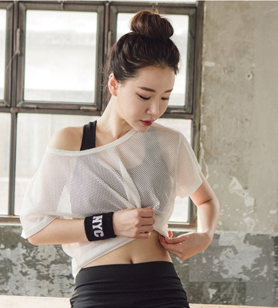 Hollow Out Mesh Blouse Crop Top