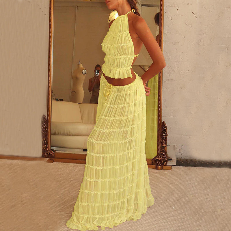 Backless Cropped Halter Top And Pleated Long Skirt