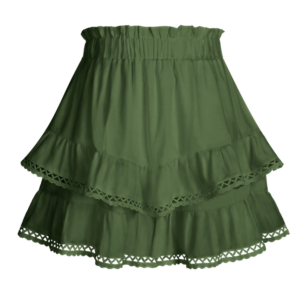 Lace Trim Elasticated Tiered Cake Skirt-Pants