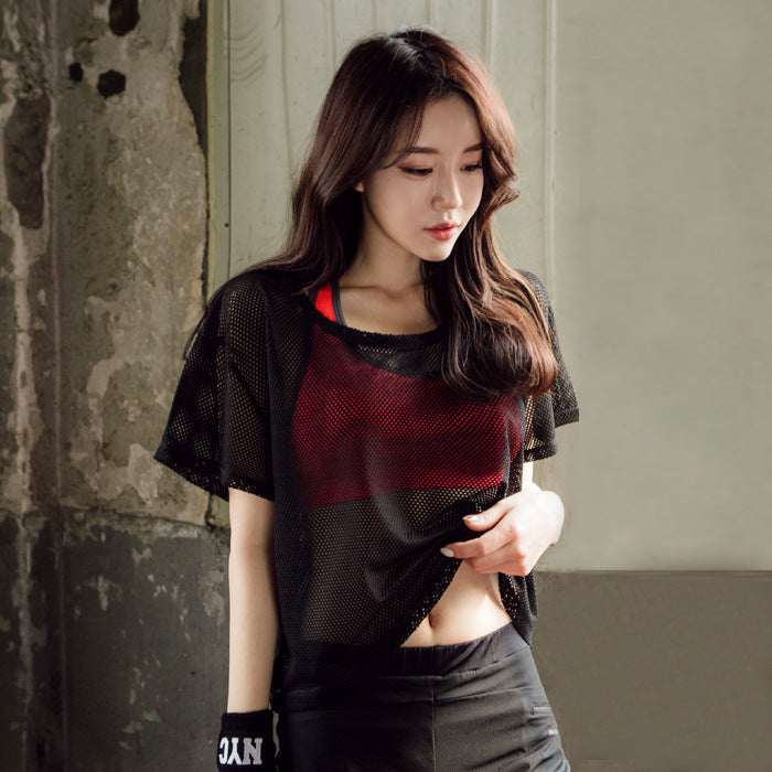 Hollow Out Mesh Blouse Crop Top