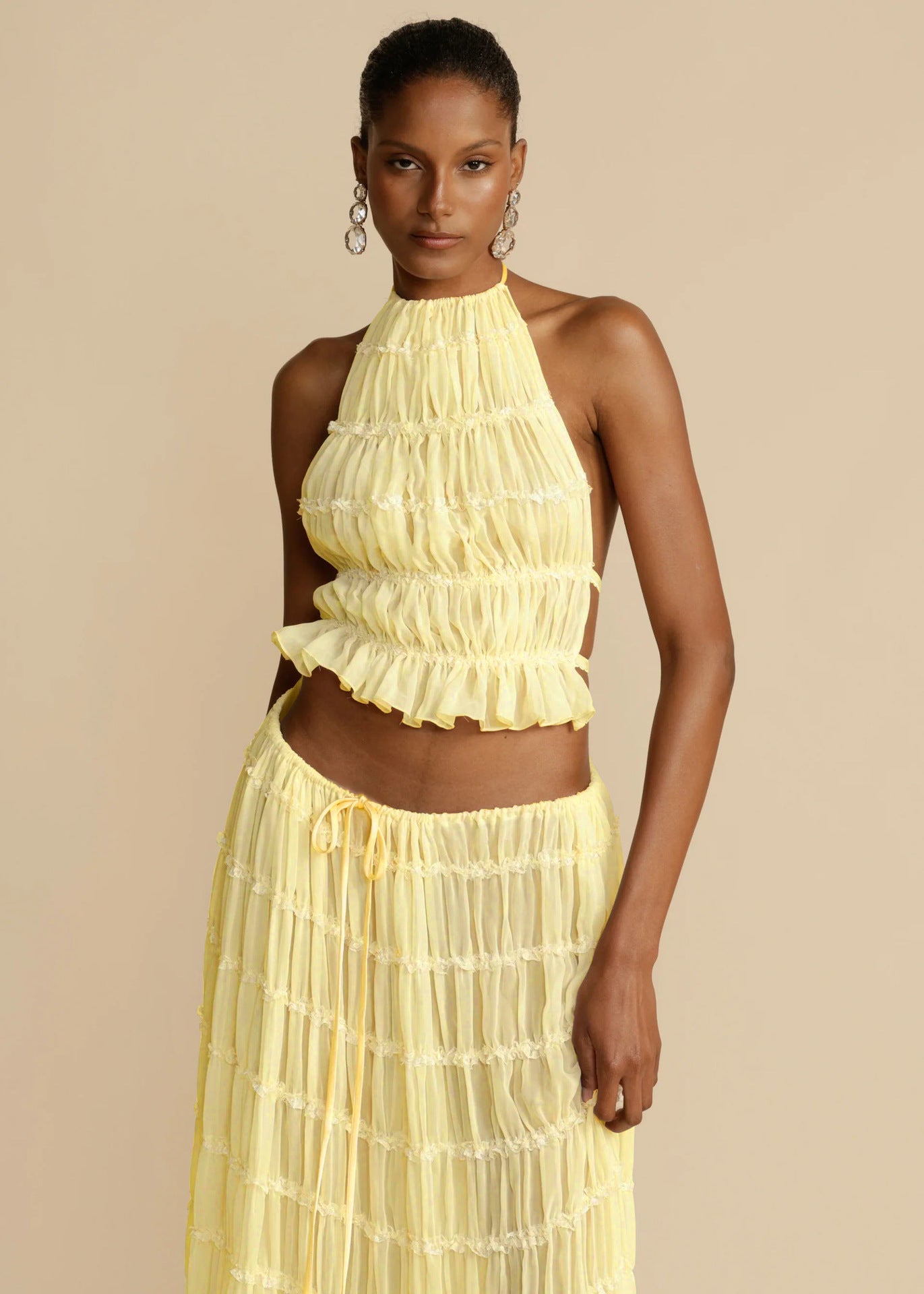 Backless Cropped Halter Top And Pleated Long Skirt