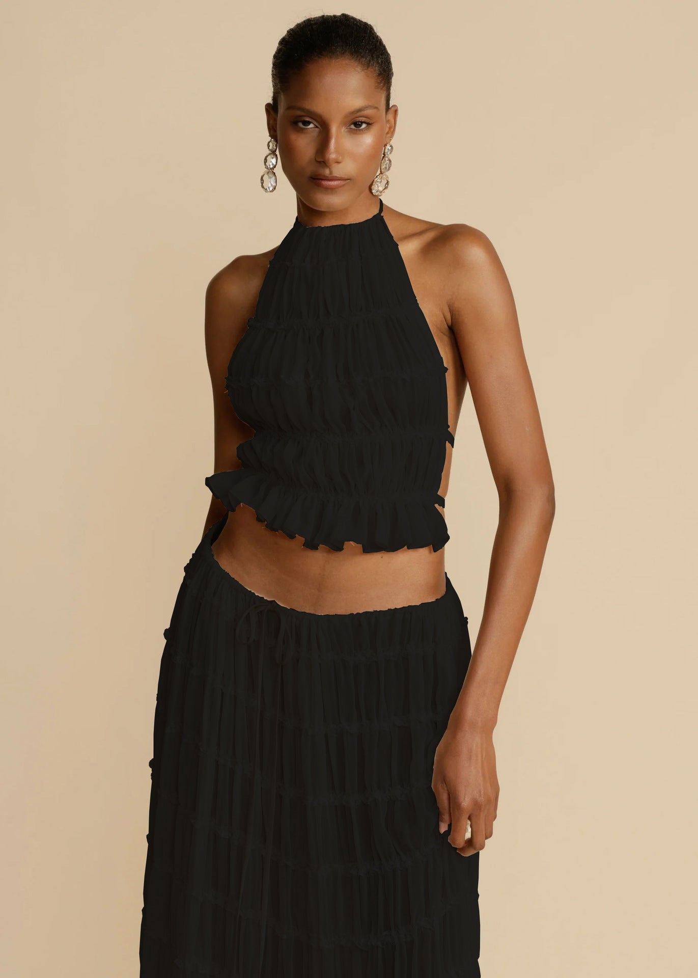 Backless Cropped Halter Top And Pleated Long Skirt
