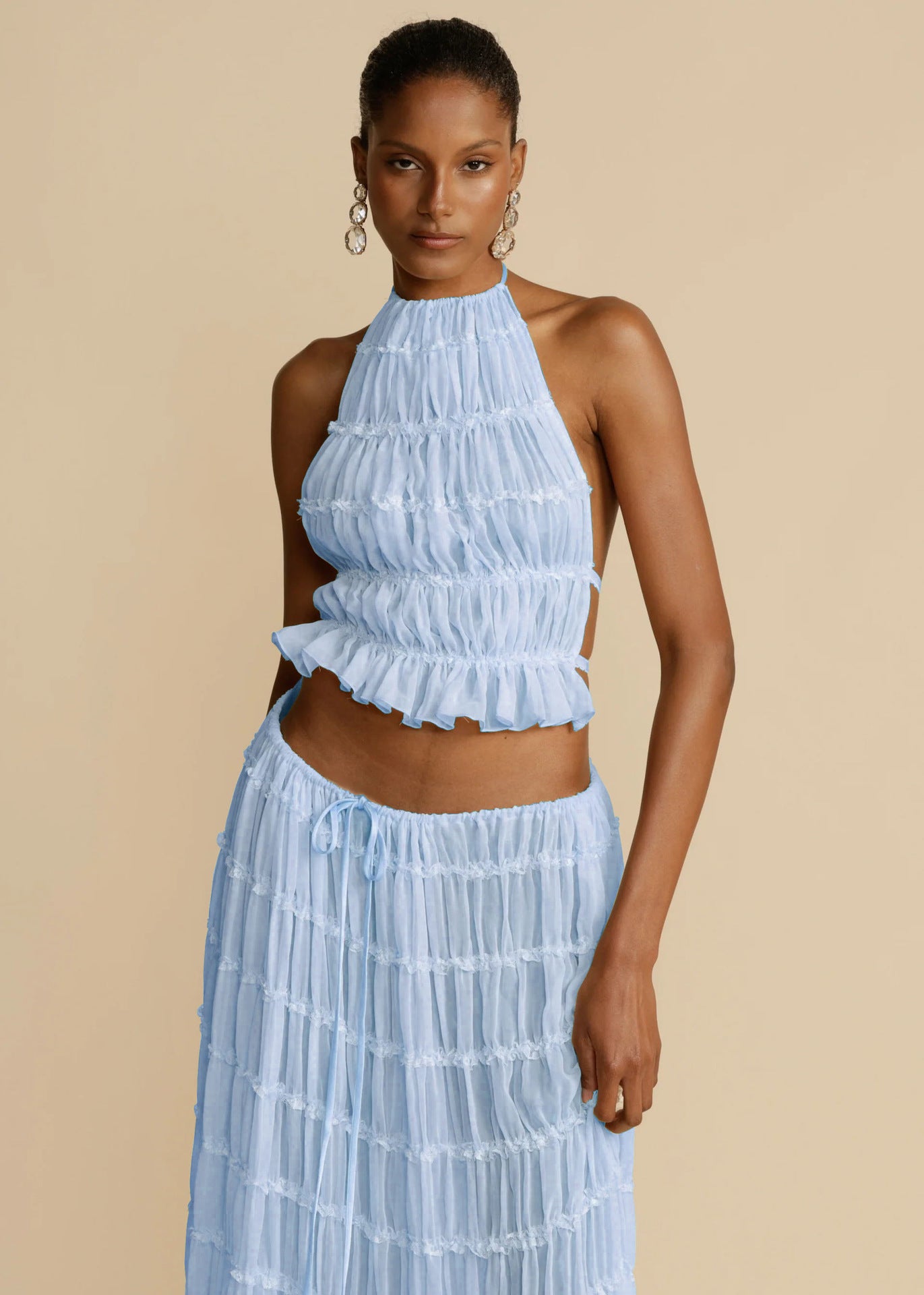 Backless Cropped Halter Top And Pleated Long Skirt
