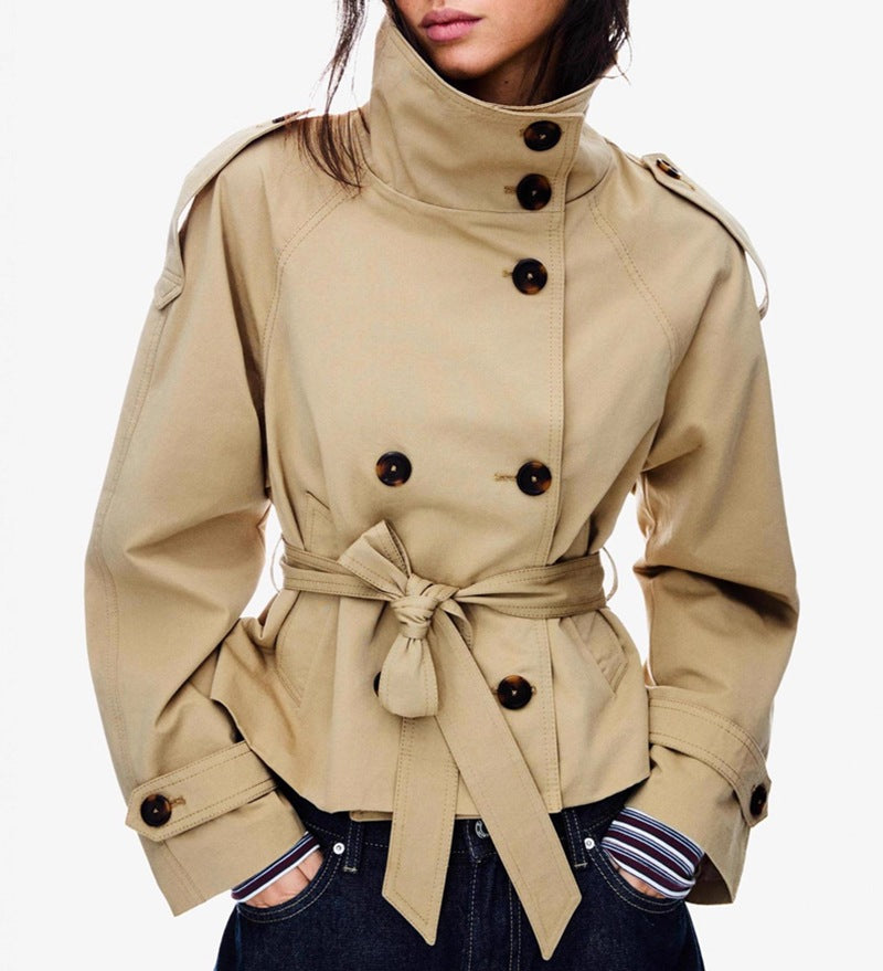 Buttoned Waist-Cinching Lace-Up Trench Coat