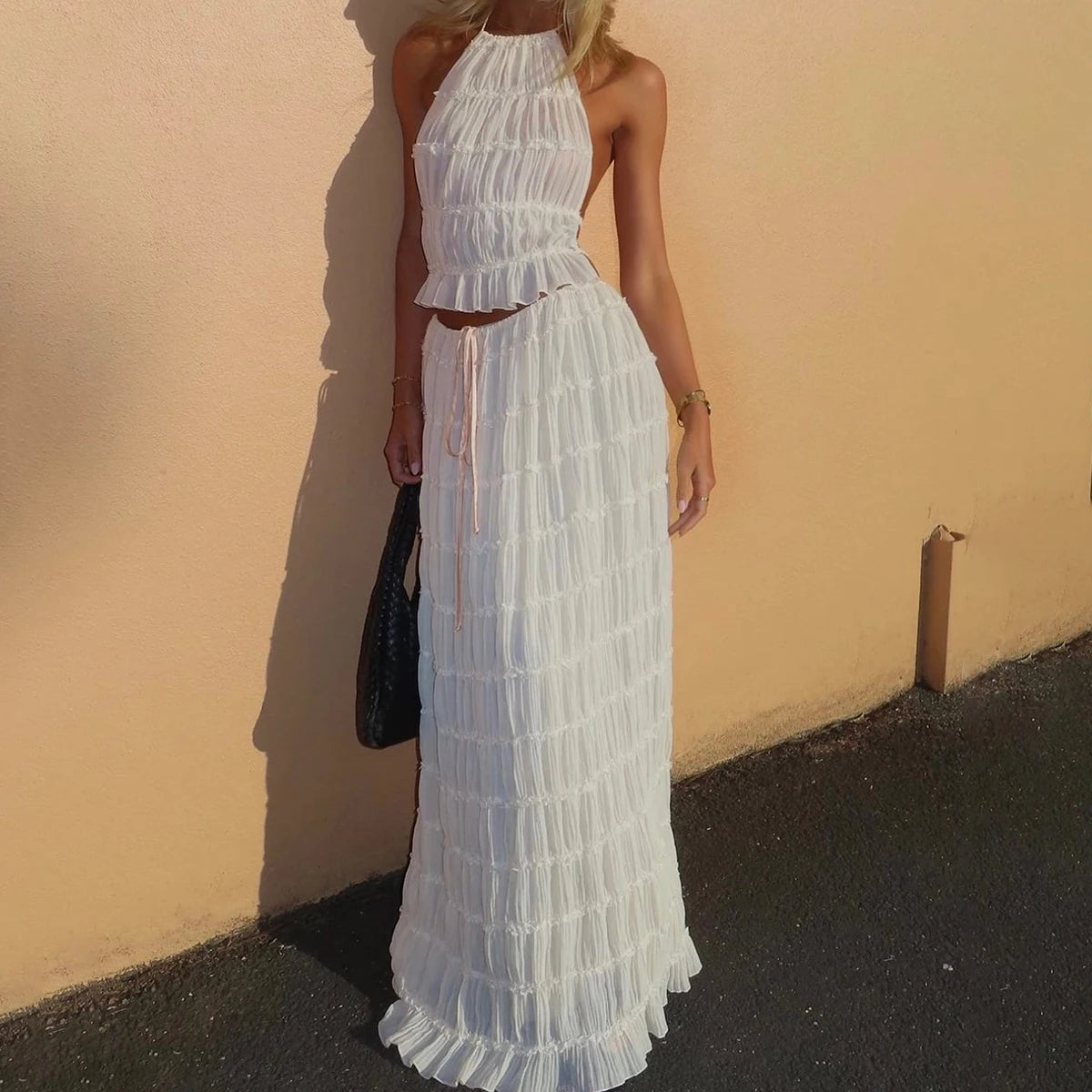 Backless Cropped Halter Top And Pleated Long Skirt