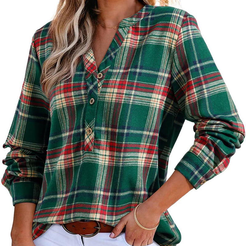Thoughnet Plaid V-Neck Blouse Shirt