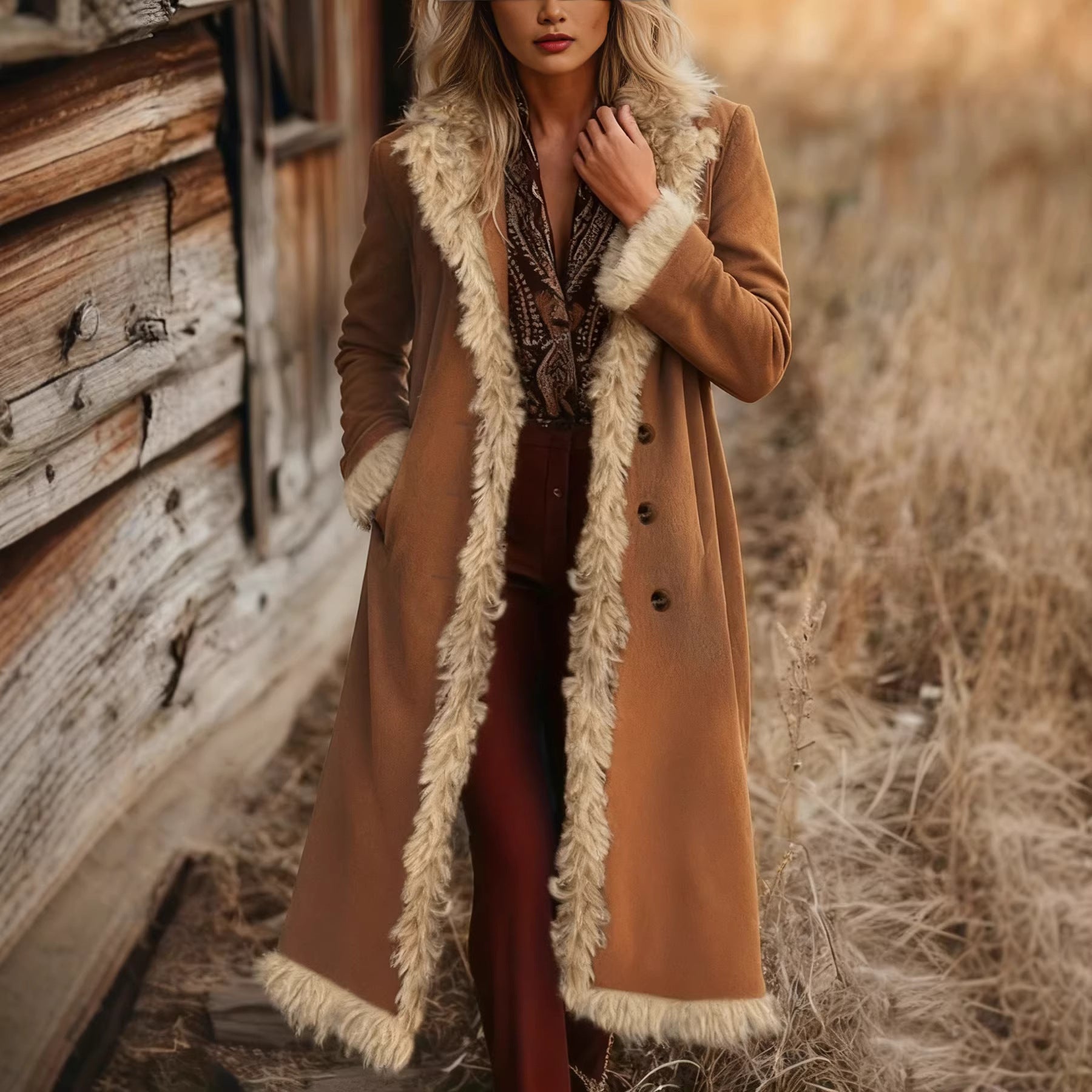 Suede Edge Solid Color Long Wind Jacket