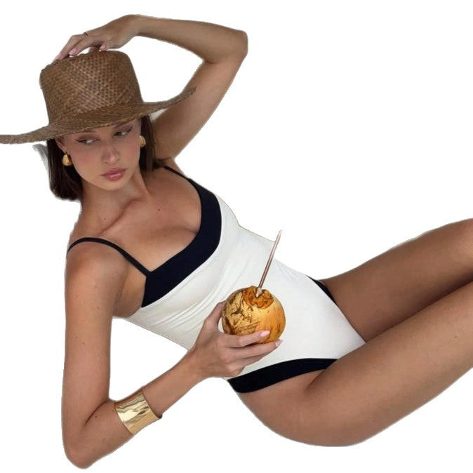 Black-and-white Color-block Chanel-style One-piece Swimsuit