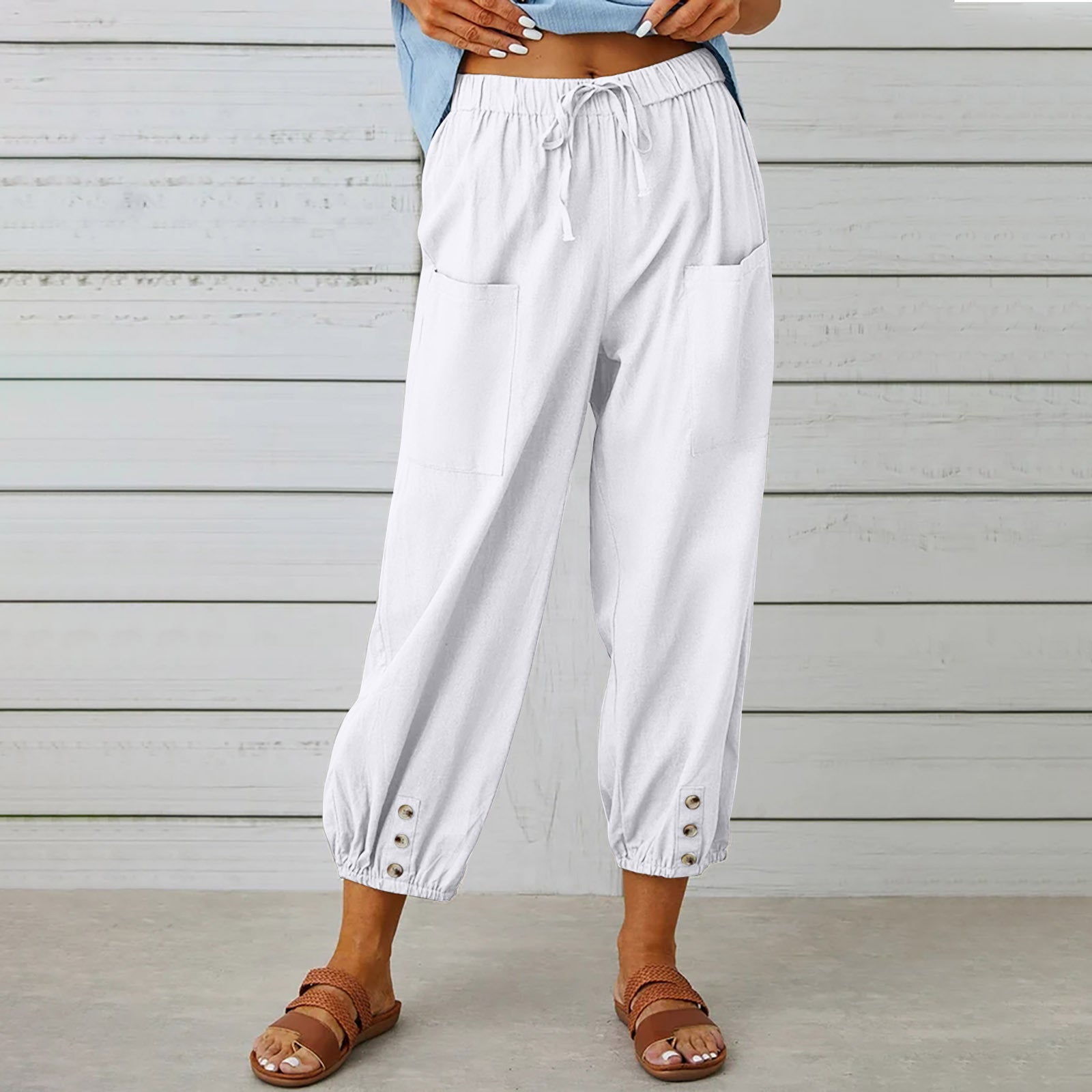 Drawstring Tie Pants Spring Trousers With Pockets Button