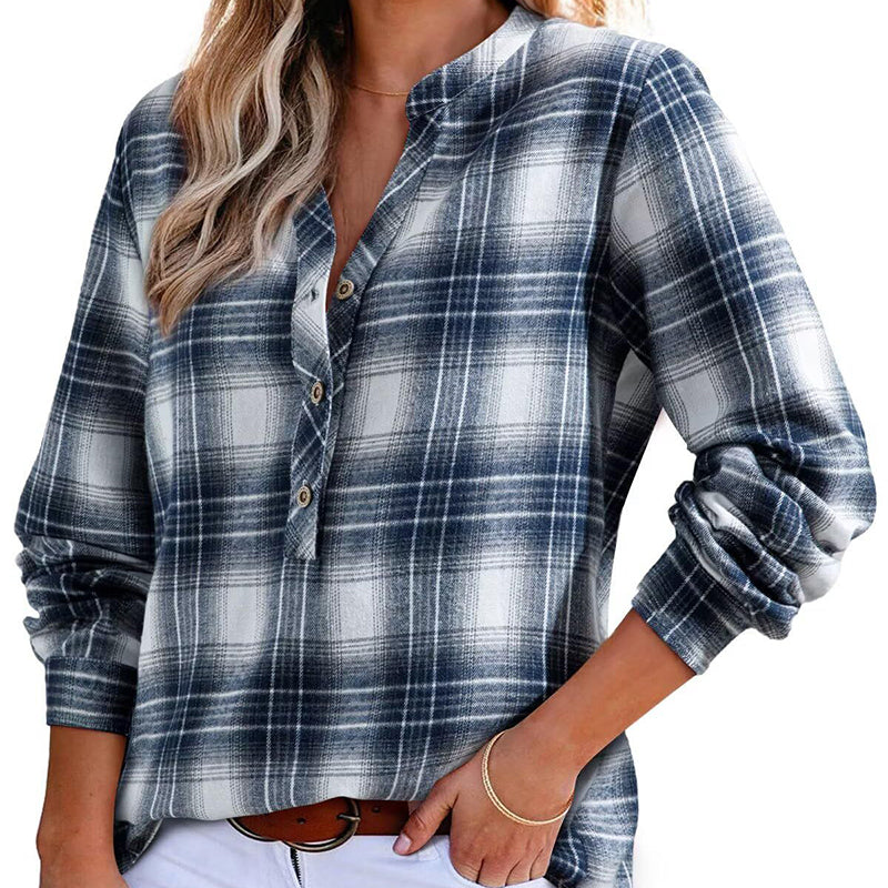 Thoughnet Plaid V-Neck Blouse Shirt