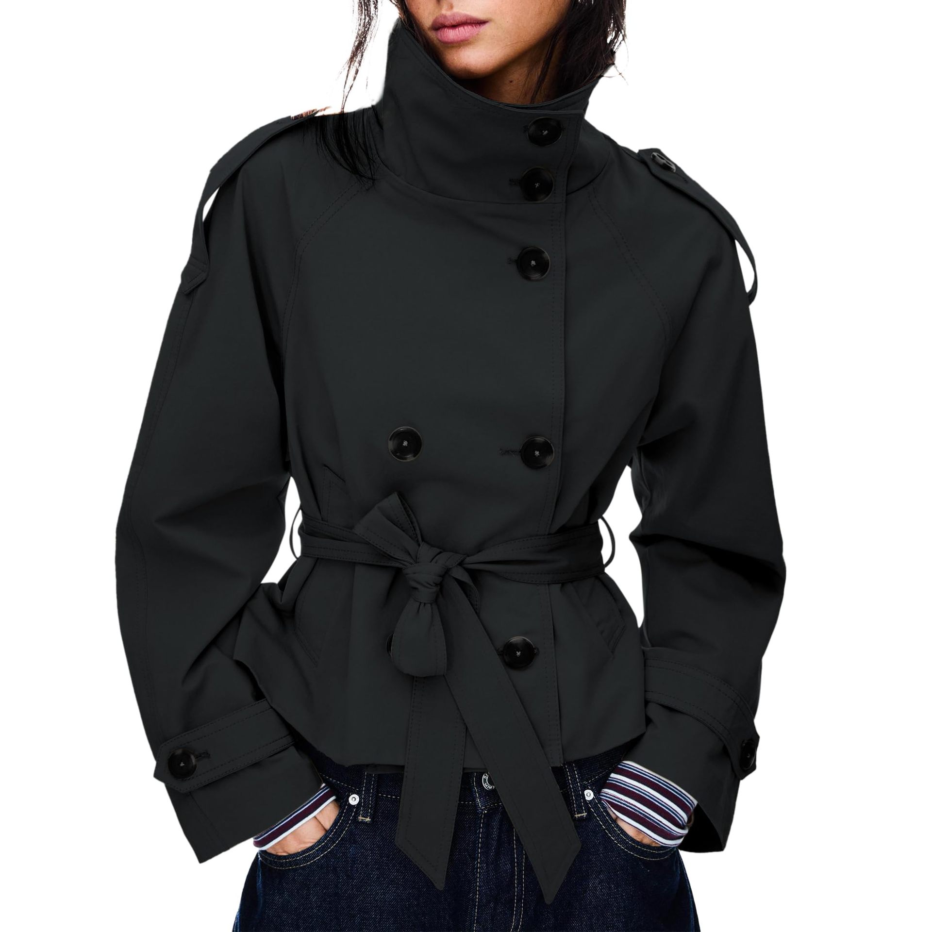 Buttoned Waist-Cinching Lace-Up Trench Coat