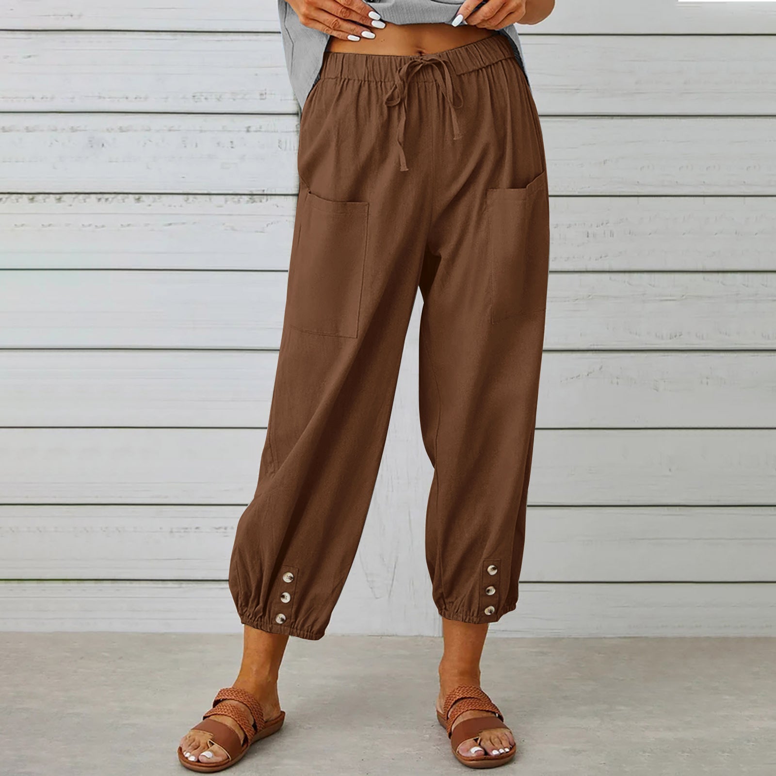 Drawstring Tie Pants Spring Trousers With Pockets Button