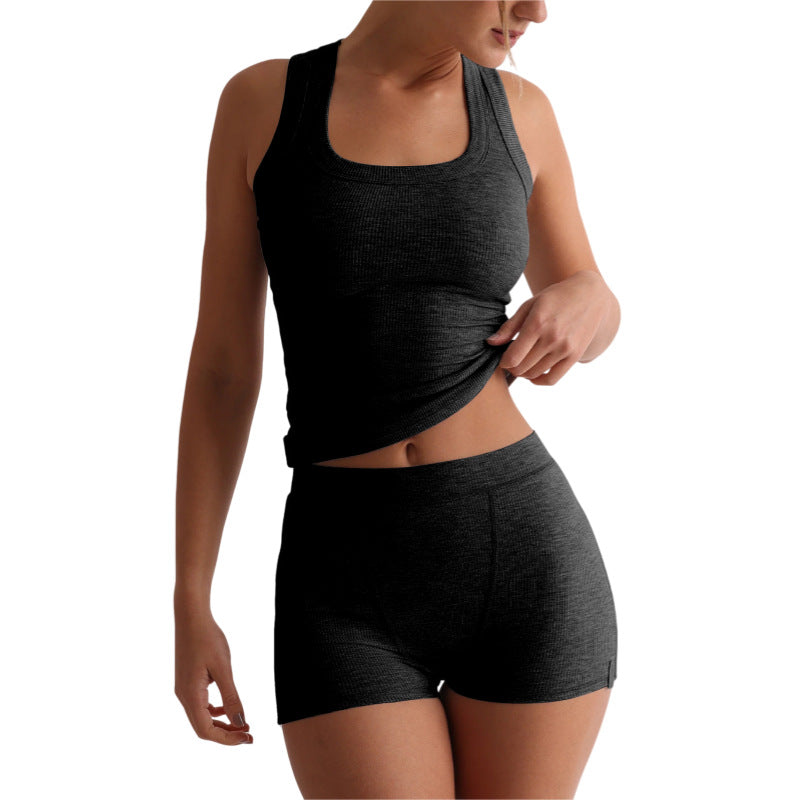 Crew-Neck Slim-Fit Tank Top And High-Waist Shorts Set