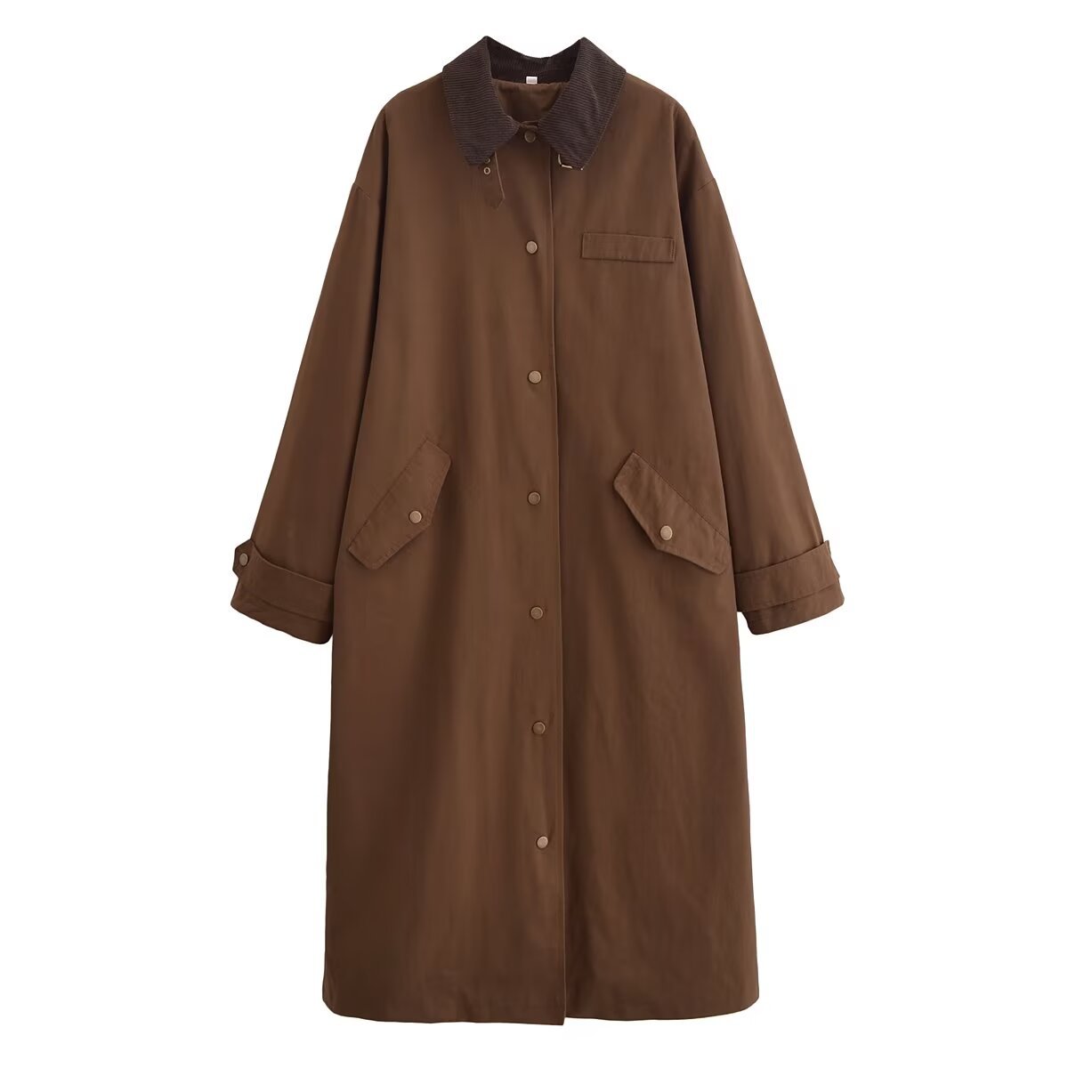 Corduroy Patchwork Collar Waxed Leather-Effect Long Trench Coat