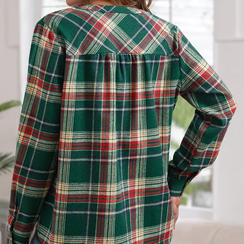 Thoughnet Plaid V-Neck Blouse Shirt