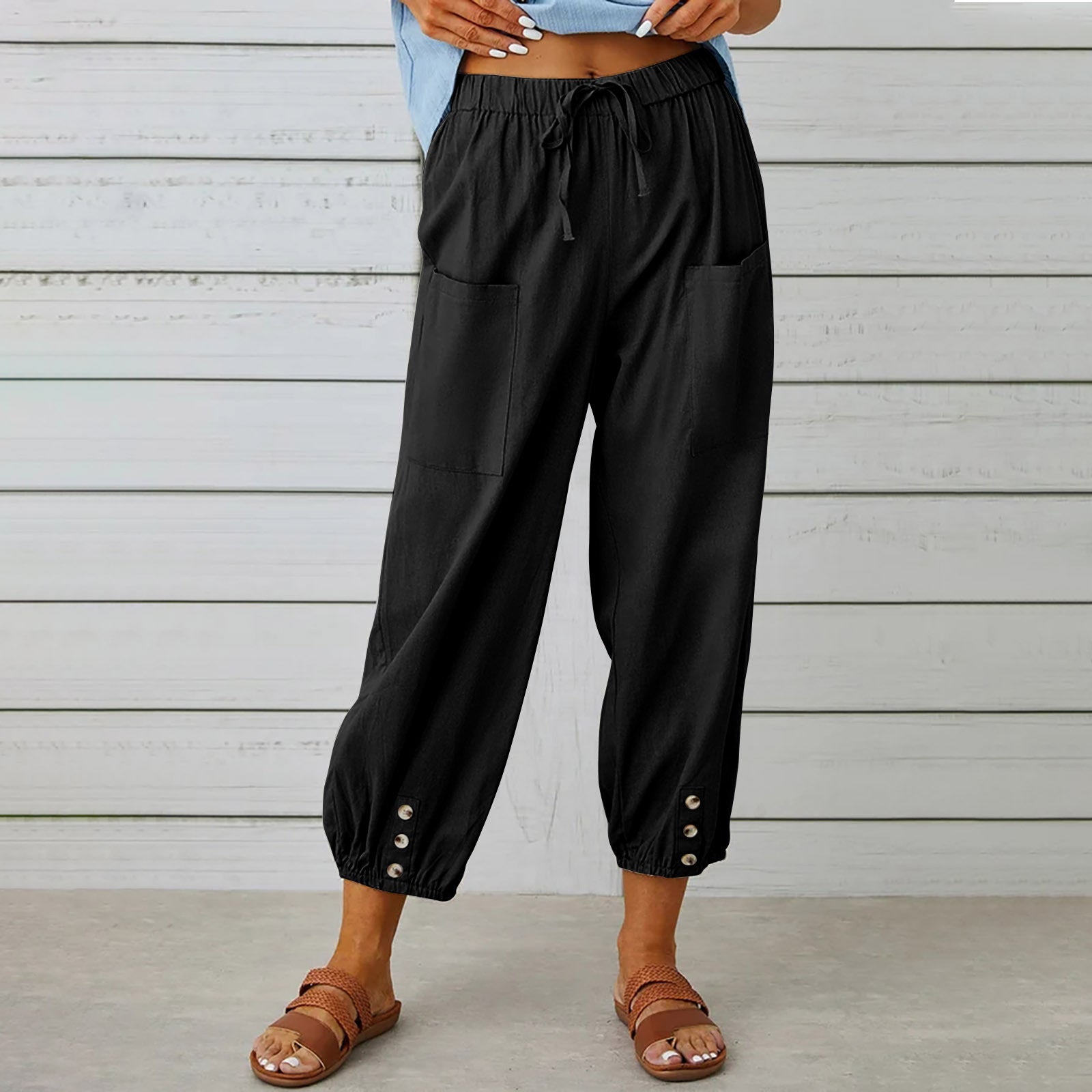 Drawstring Tie Pants Spring Trousers With Pockets Button