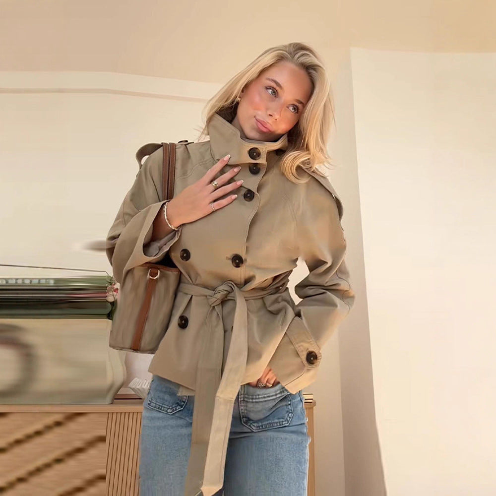 Buttoned Waist-Cinching Lace-Up Trench Coat