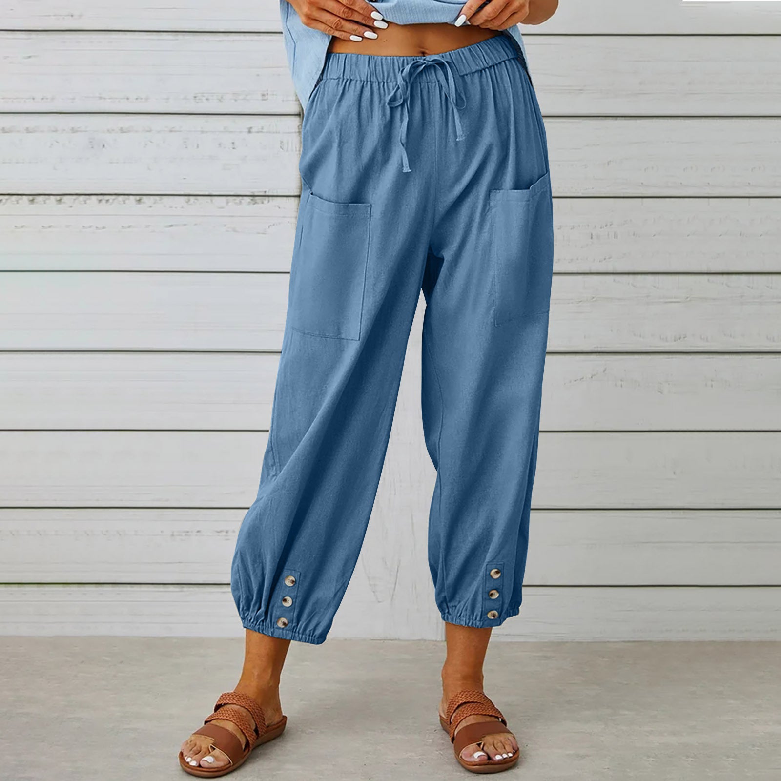 Drawstring Tie Pants Spring Trousers With Pockets Button