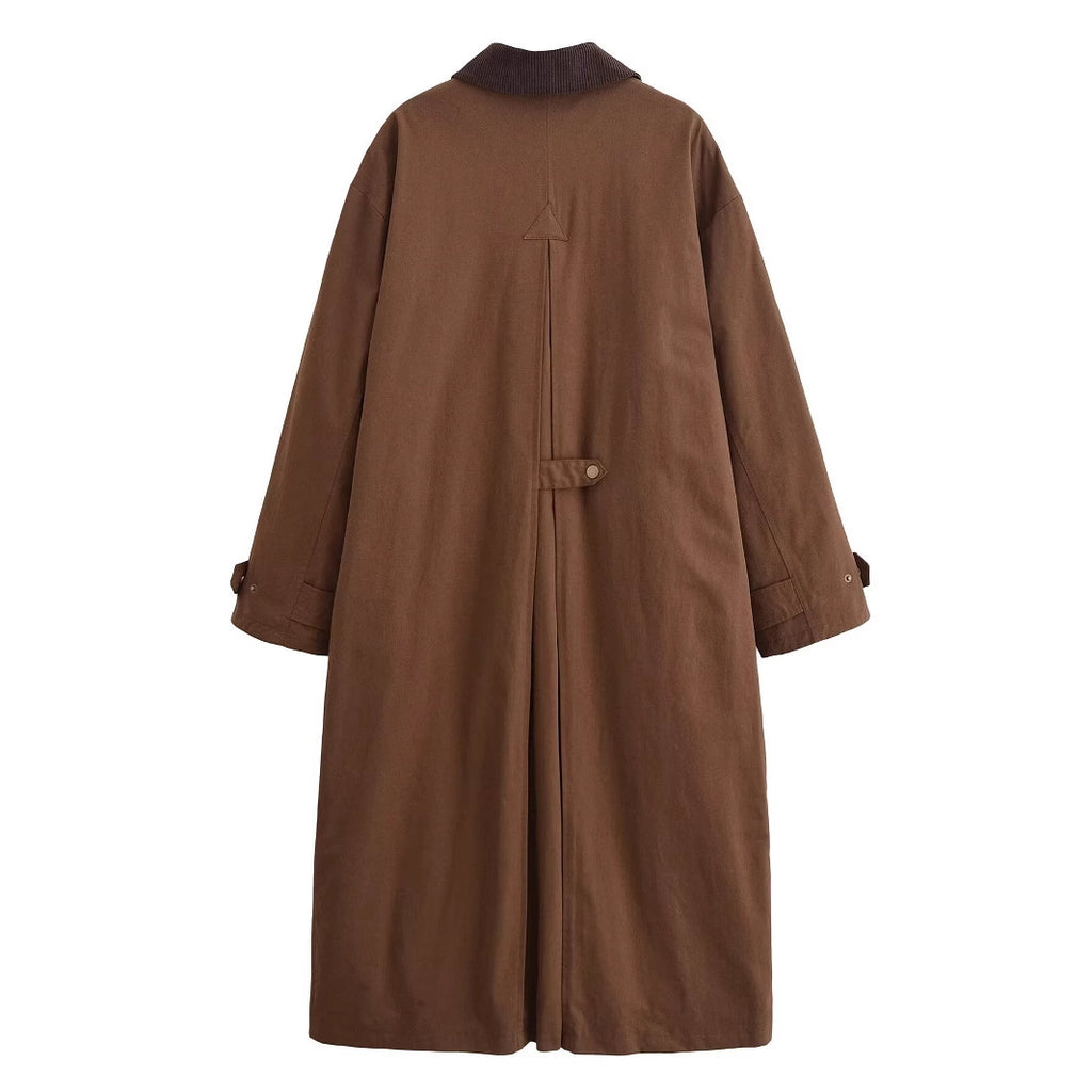 Corduroy Patchwork Collar Waxed Leather-Effect Long Trench Coat