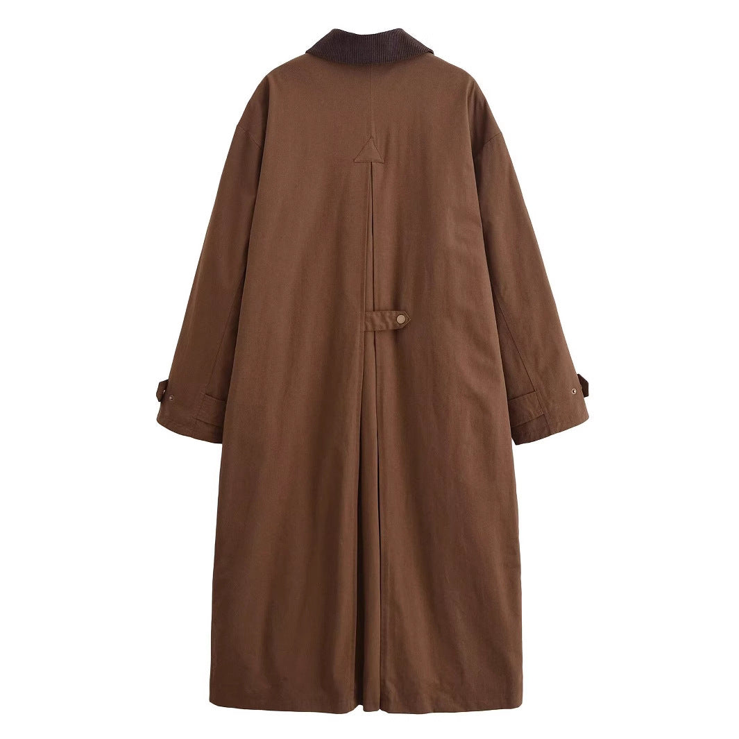 Corduroy Patchwork Collar Waxed Leather-Effect Long Trench Coat