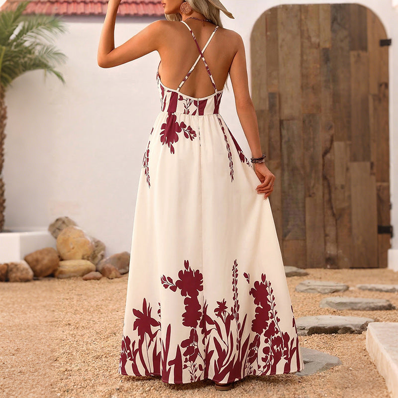 Floral Print Strap Backless Maxi Dress