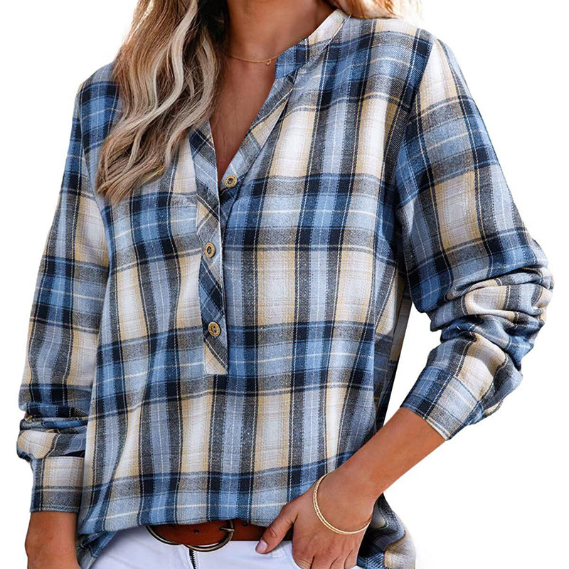 Thoughnet Plaid V-Neck Blouse Shirt