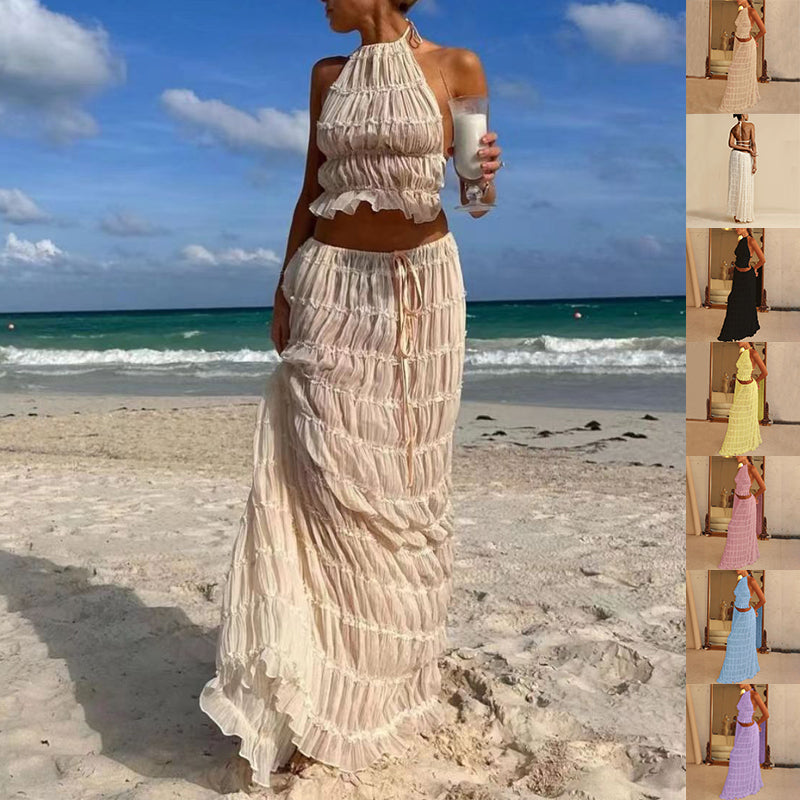 Backless Cropped Halter Top And Pleated Long Skirt