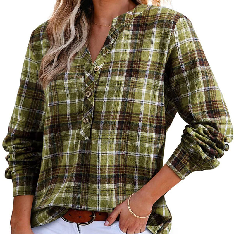 Thoughnet Plaid V-Neck Blouse Shirt