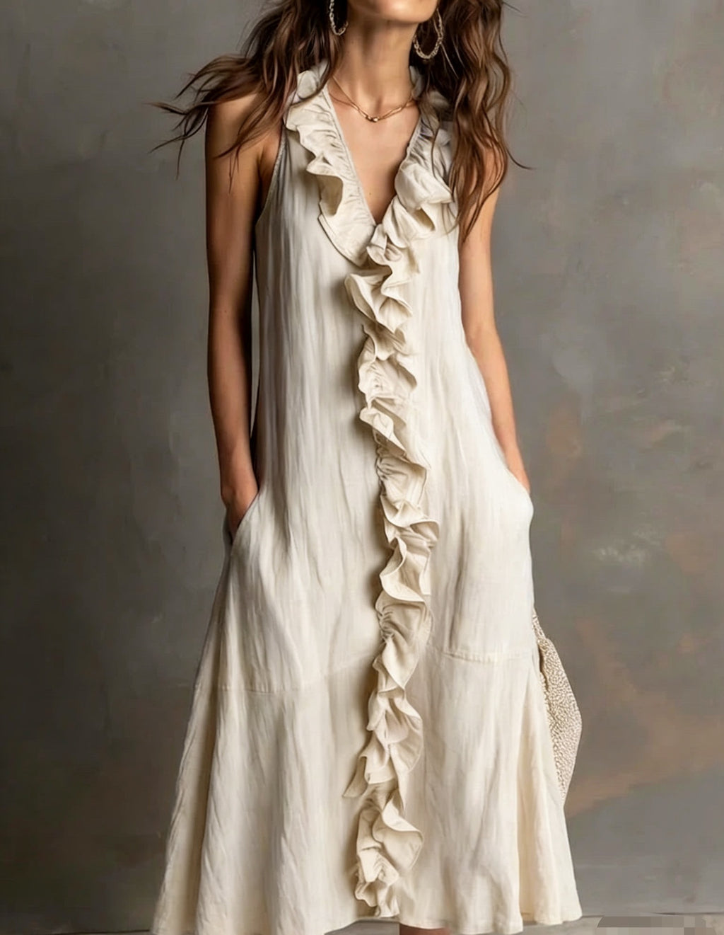 Cotton-Linen V-Neck Maxi Dress