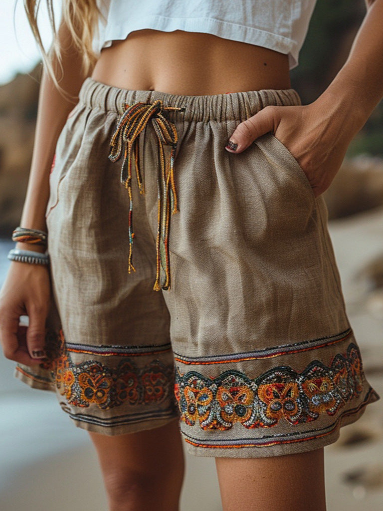 Ethnic-style Casual Drawstring Loose Shorts Pull
