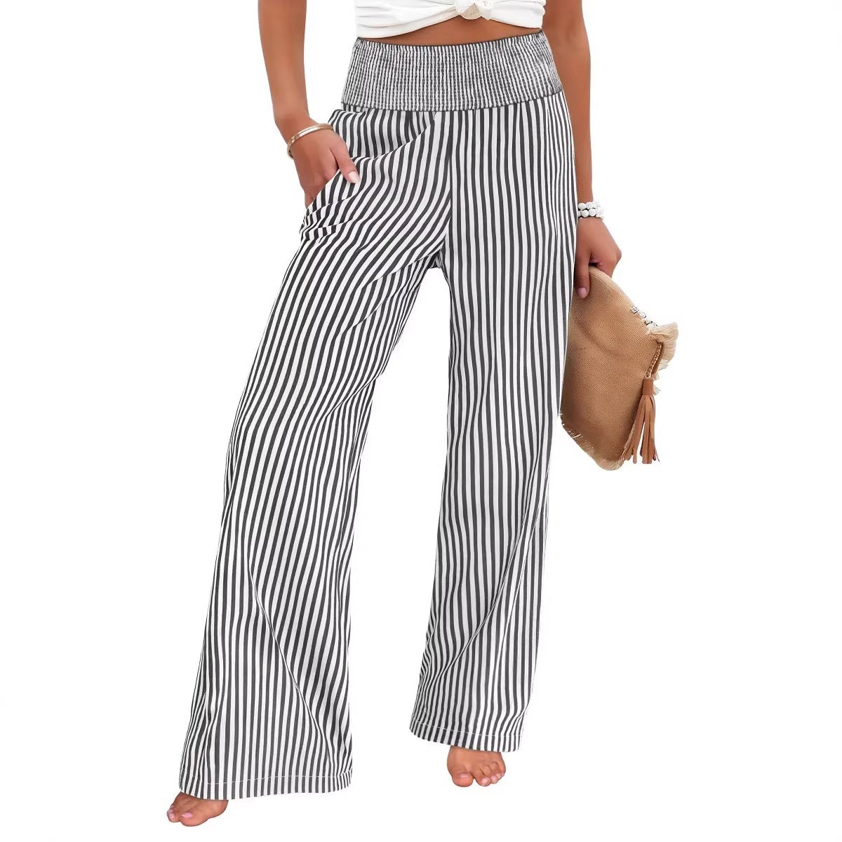 Loose-fit Ruched High-waisted Straight-leg Trousers
