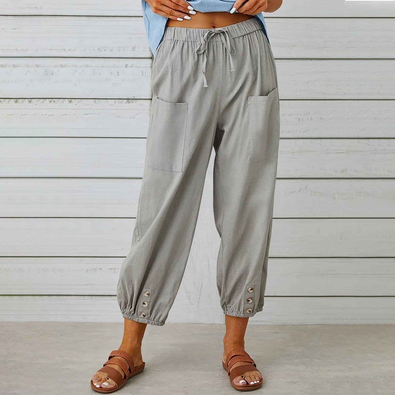 Drawstring Tie Pants Spring Trousers With Pockets Button