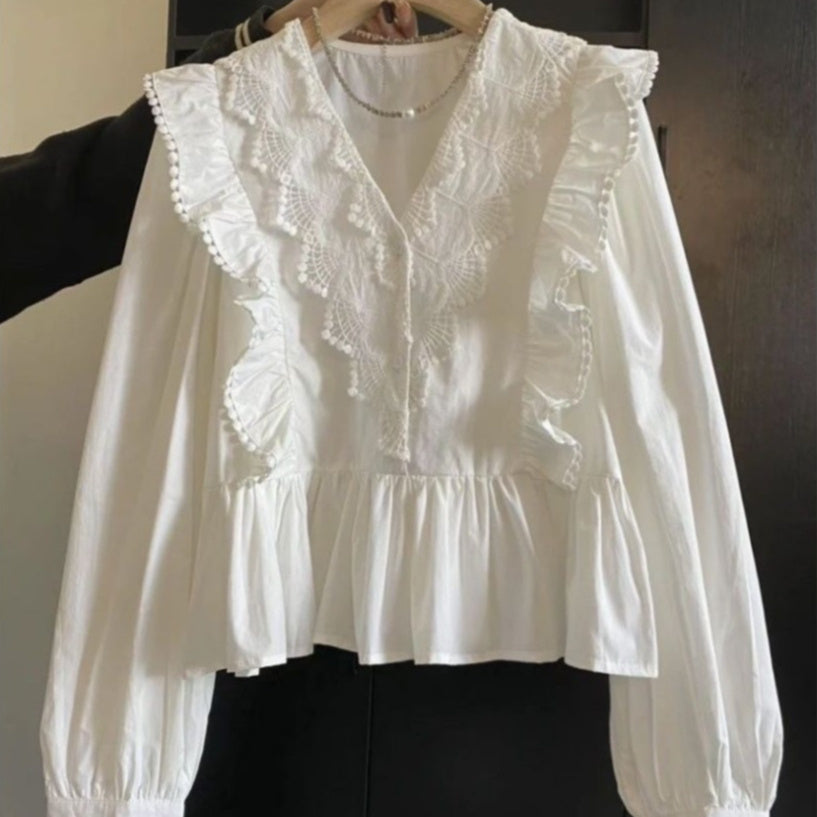 French V-neck White Long-sleeve Shirt