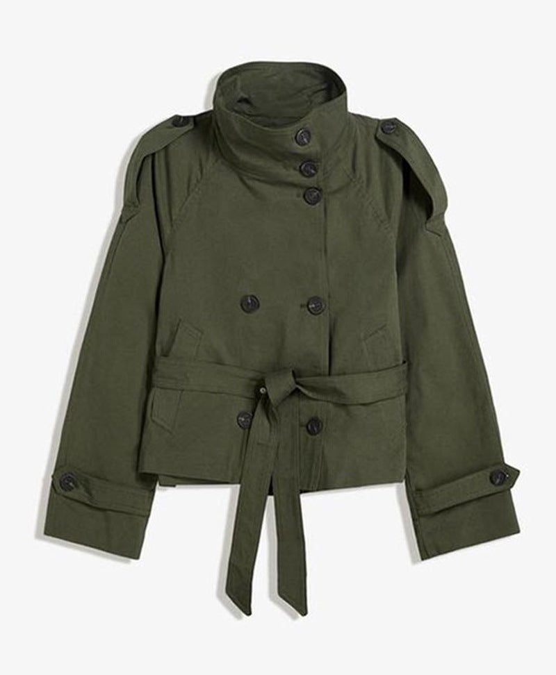 Buttoned Waist-Cinching Lace-Up Trench Coat