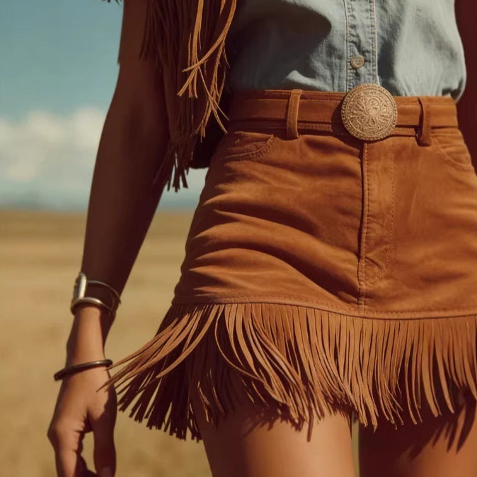 Caramel-Colored Faux Suede Fringe Skirt