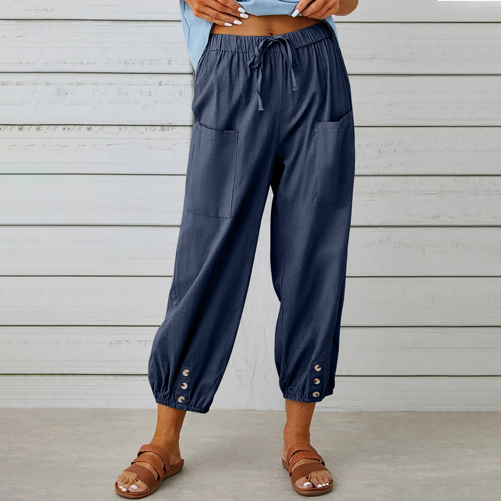 Drawstring Tie Pants Spring Trousers With Pockets Button