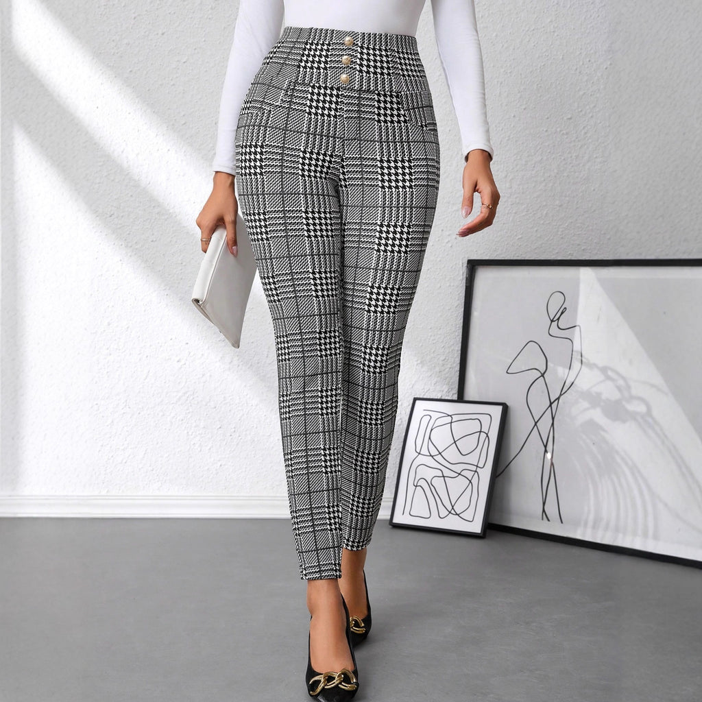 Check Print Button Embellished High-waist Slim-fit Knit Pant