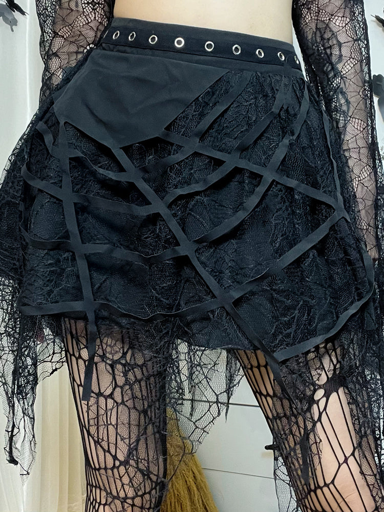 Black Heavy-duty Lace Stitching Skirt