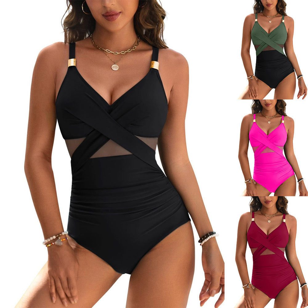 One-piece Pure Color Mesh Swimsuit