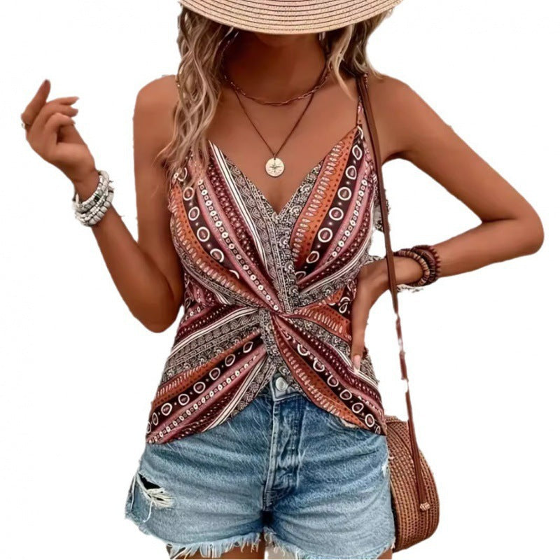 Spaghetti Chain Print Knotted Sexy V-neck Camisole
