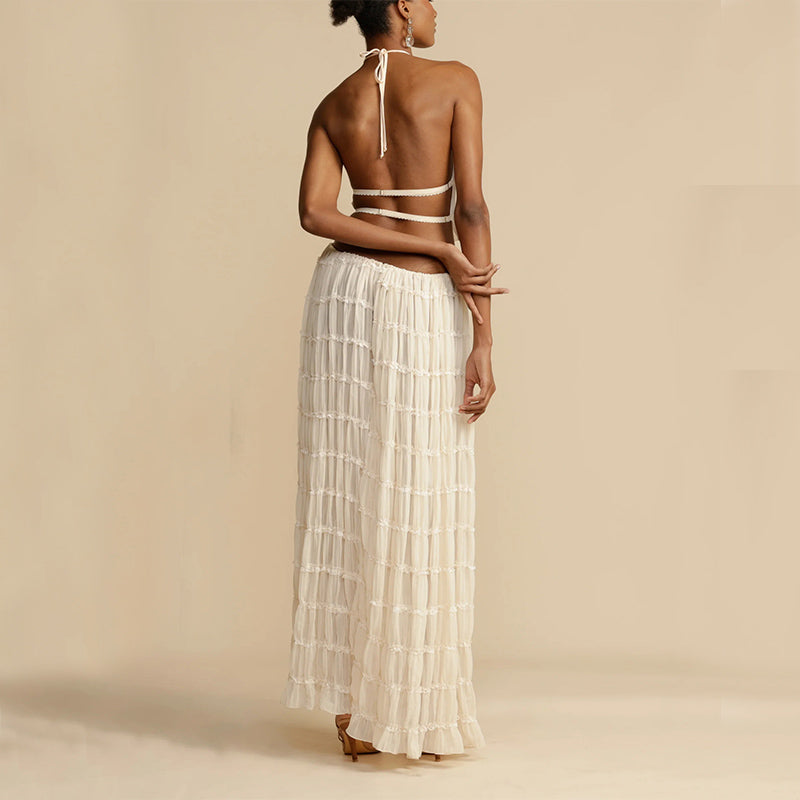 Backless Cropped Halter Top And Pleated Long Skirt