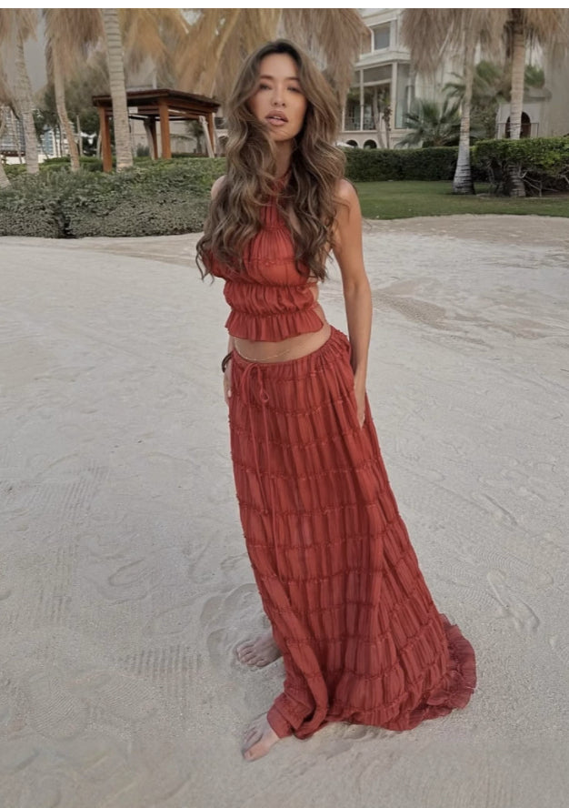 Backless Cropped Halter Top And Pleated Long Skirt