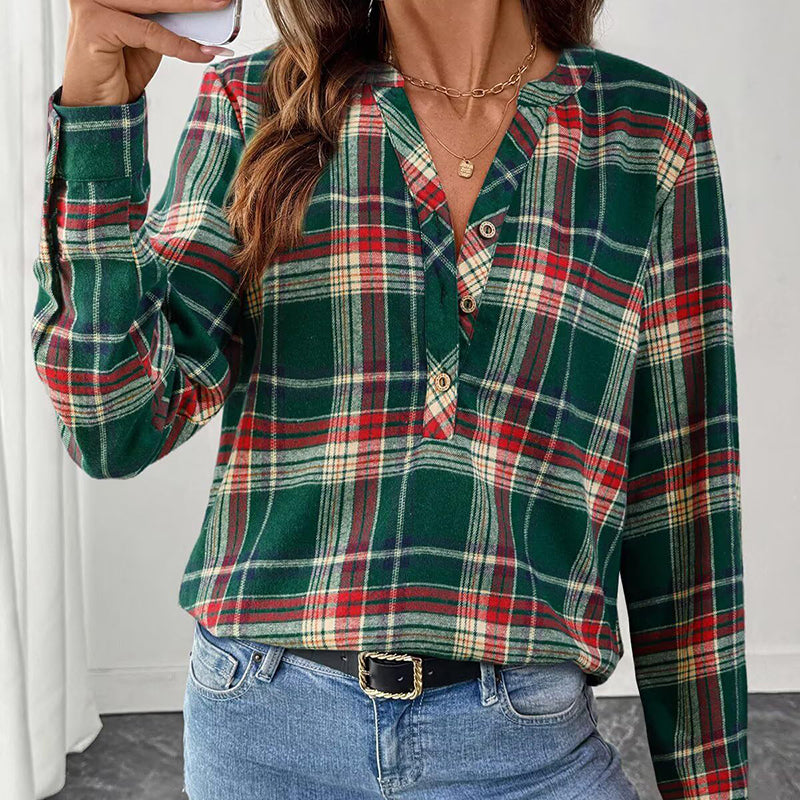 Thoughnet Plaid V-Neck Blouse Shirt