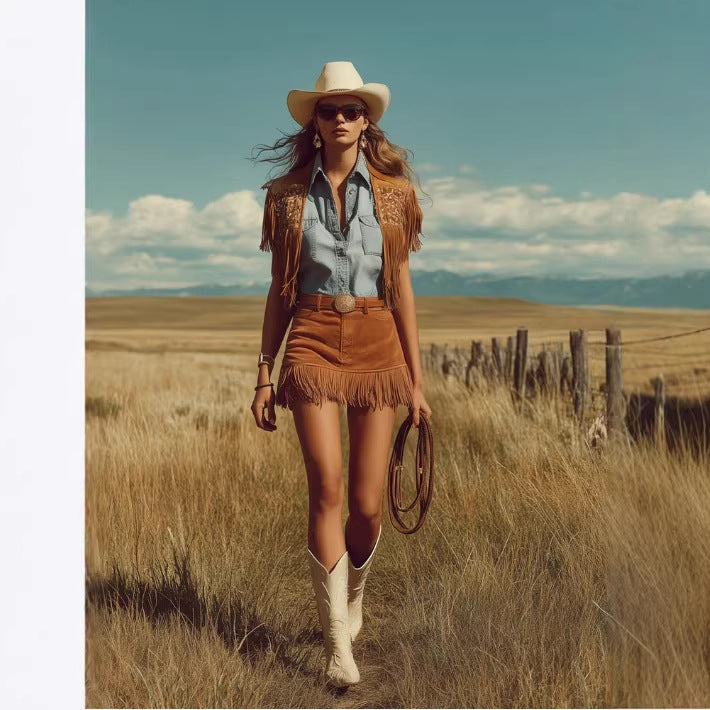 Caramel-Colored Faux Suede Fringe Skirt