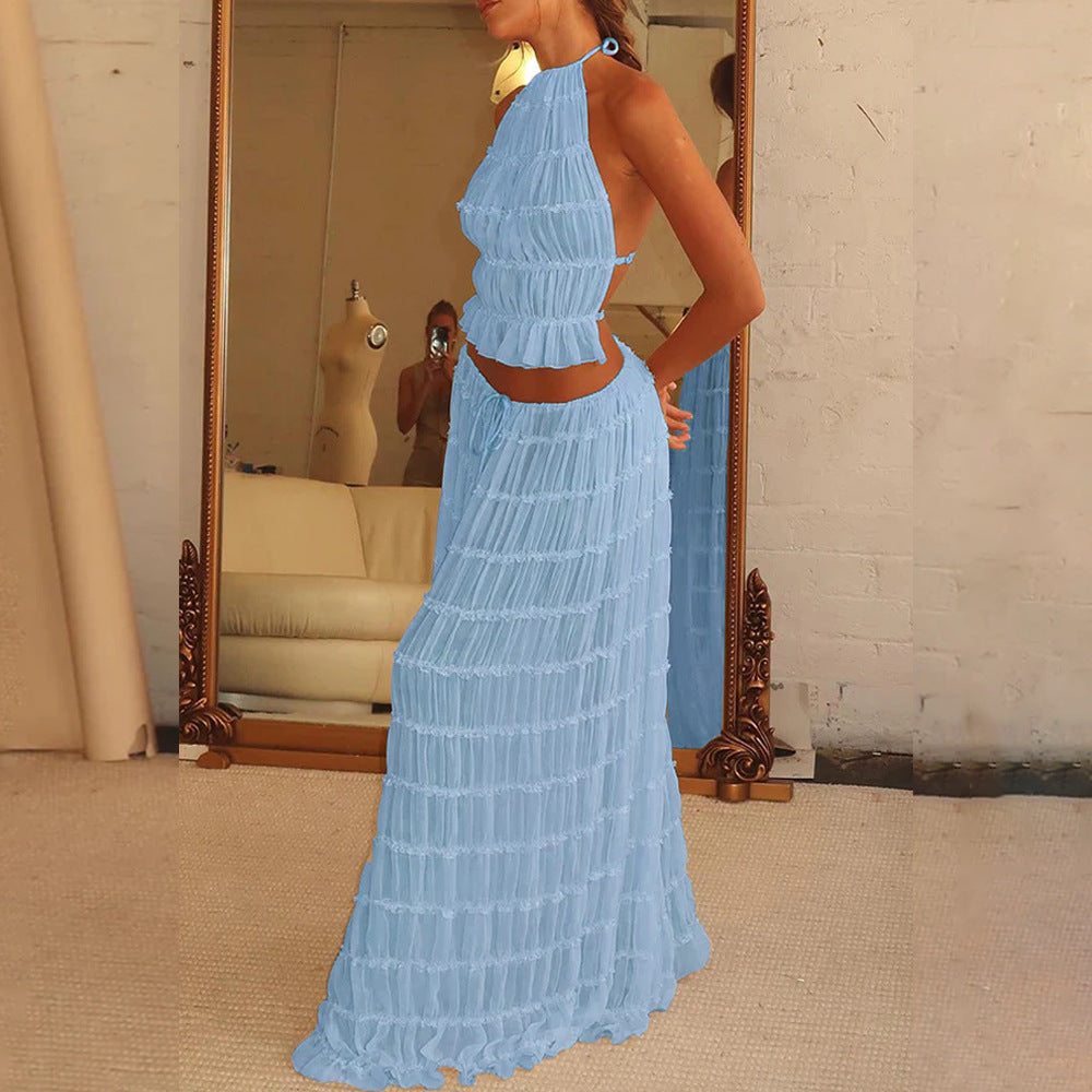 Backless Cropped Halter Top And Pleated Long Skirt