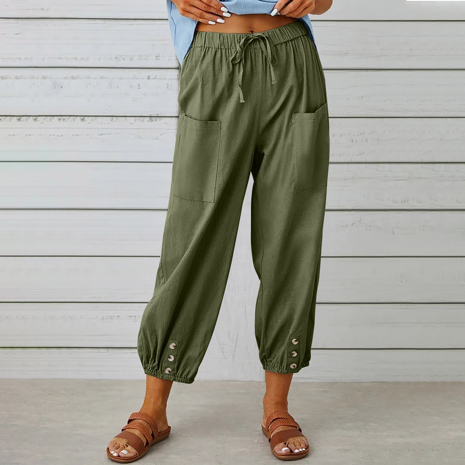 Drawstring Tie Pants Spring Trousers With Pockets Button