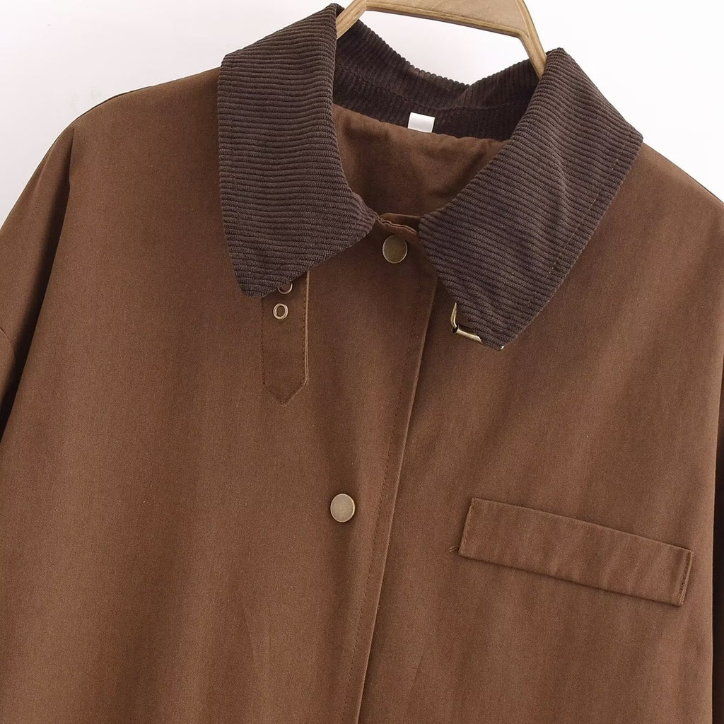 Corduroy Patchwork Collar Waxed Leather-Effect Long Trench Coat